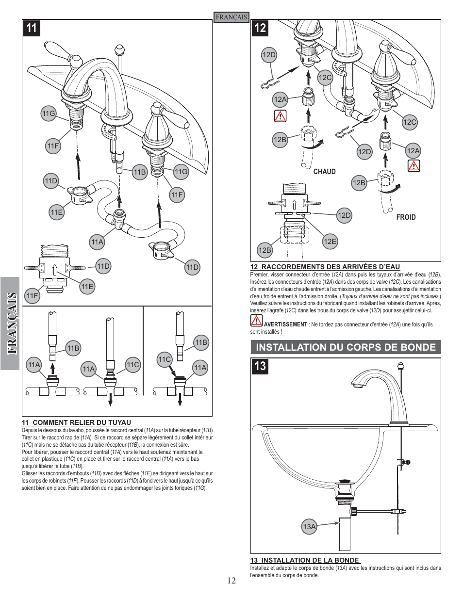 Fran ç ais, Installation du corps de bonde | Pfister GT49-RP0K User Manual | Page 12 / 14