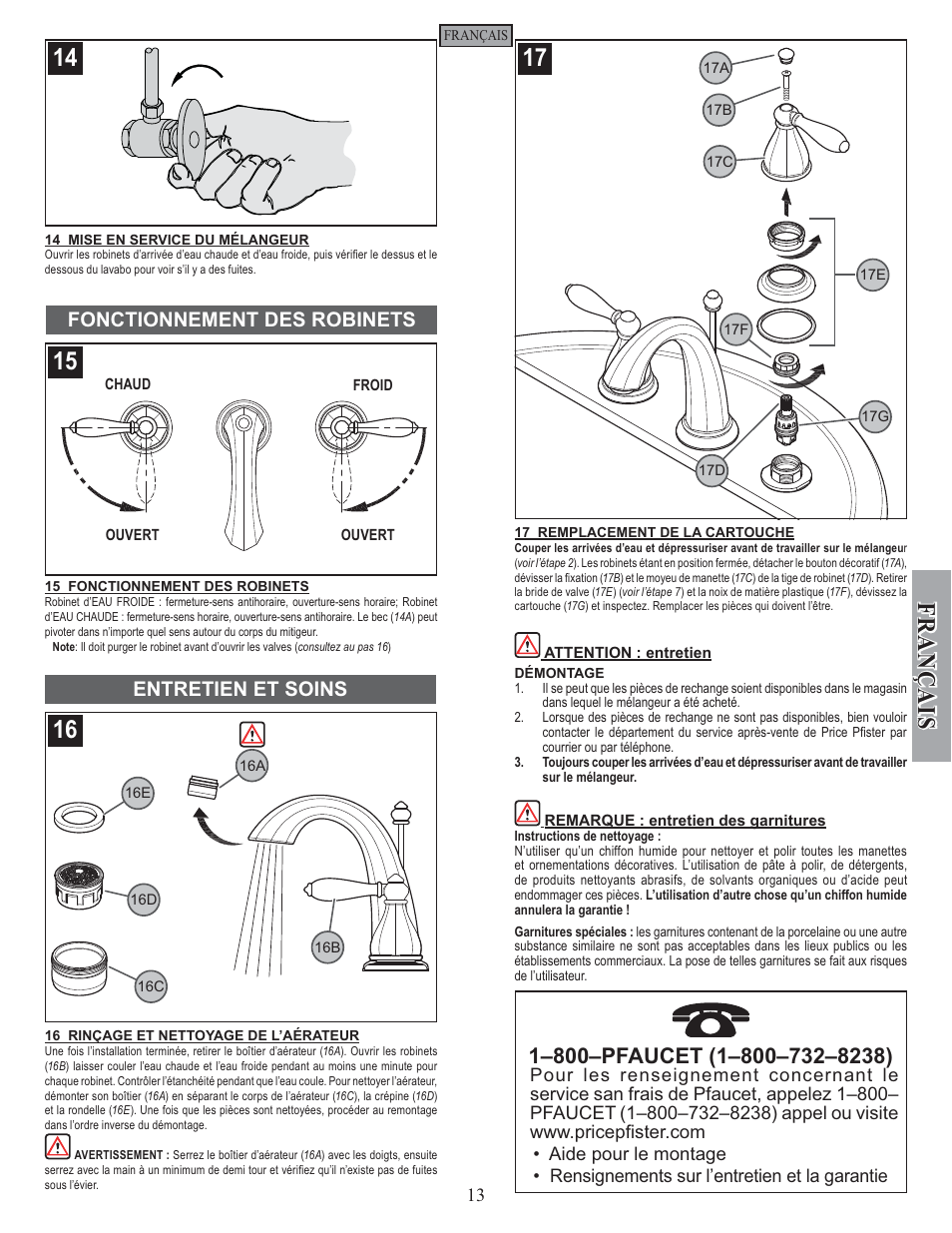 Fran ç ais, Fonctionnement des robinets entretien et soins | Pfister GT49-RP0K User Manual | Page 13 / 14