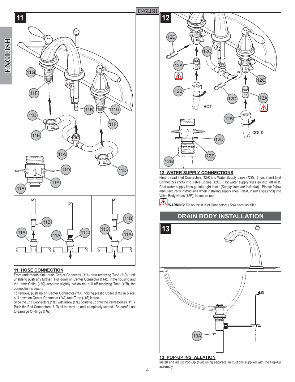 English, Drain body installation | Pfister GT49-RP0K User Manual | Page 4 / 14