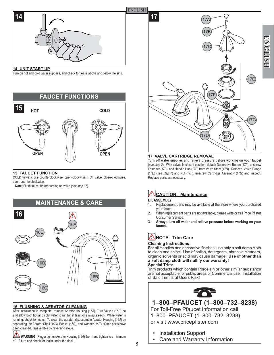 English, Faucet functions maintenance & care | Pfister GT49-RP0K User Manual | Page 5 / 14