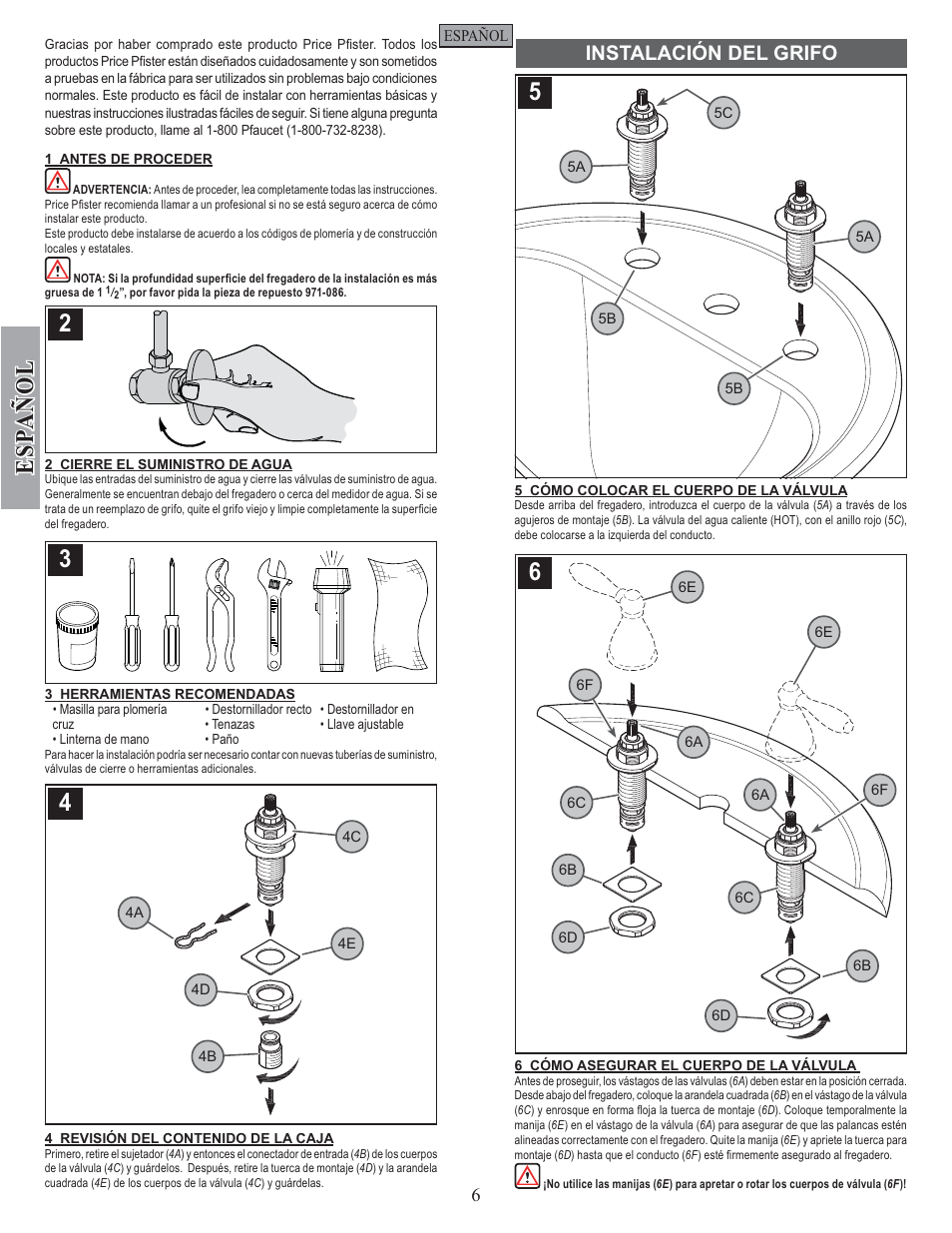 Esp a ñ ol, Instalación del grifo | Pfister GT49-RP0K User Manual | Page 6 / 14