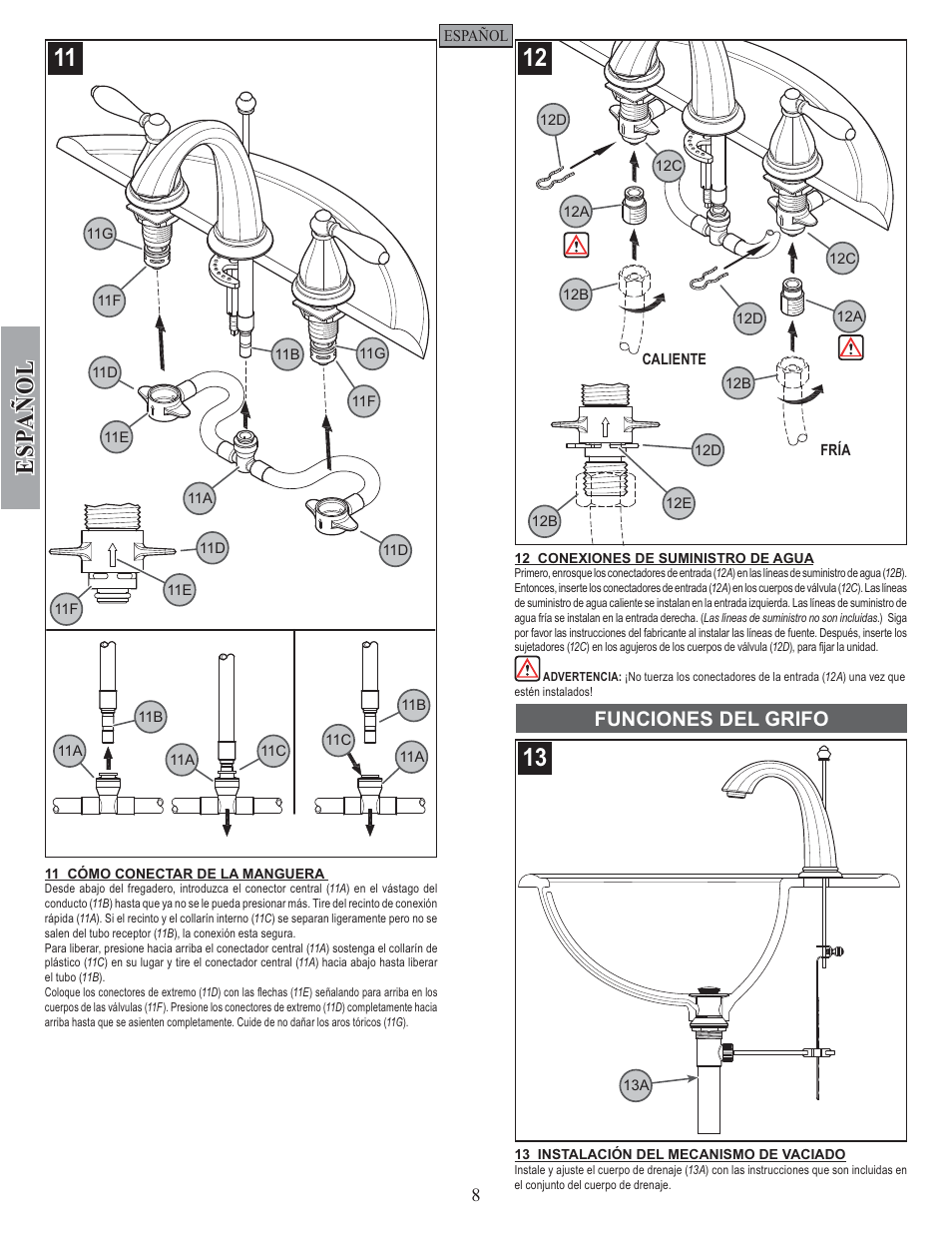 Esp a ñ ol, Funciones del grifo | Pfister GT49-RP0K User Manual | Page 8 / 14