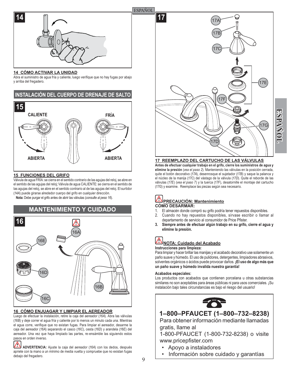 Esp a ñ ol, Mantenimiento y cuidado | Pfister GT49-RP0K User Manual | Page 9 / 14