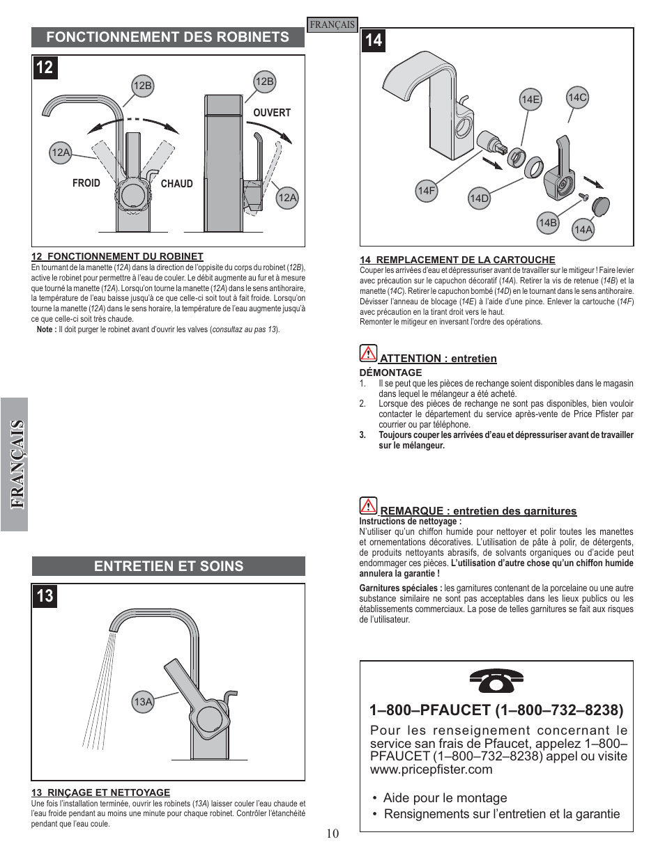 Fran ç ais, Entretien et soins, Fonctionnement des robinets | Pfister F-042-SYKK User Manual | Page 10 / 12