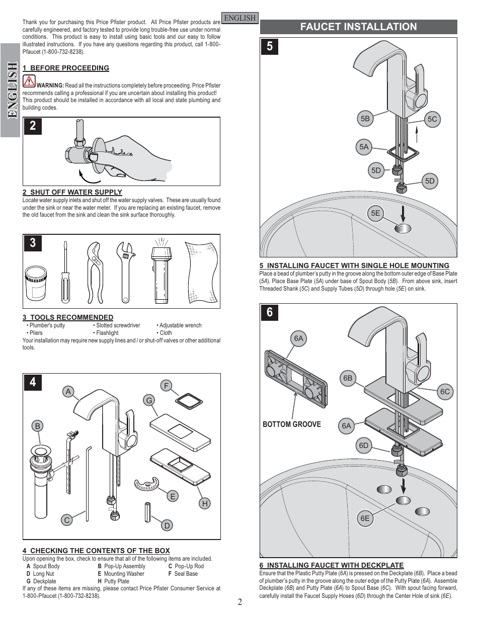 English, Faucet installation | Pfister F-042-SYKK User Manual | Page 2 / 12