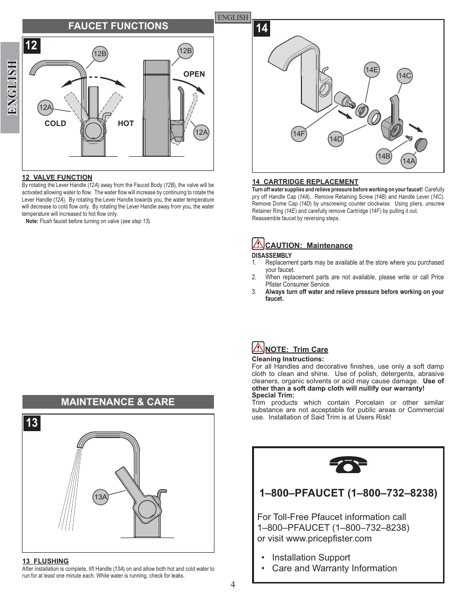 English, Maintenance & care, Faucet functions | Pfister F-042-SYKK User Manual | Page 4 / 12