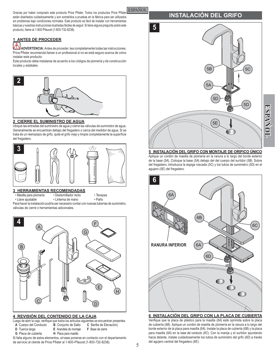 Esp a ñ ol, Instalación del grifo | Pfister F-042-SYKK User Manual | Page 5 / 12