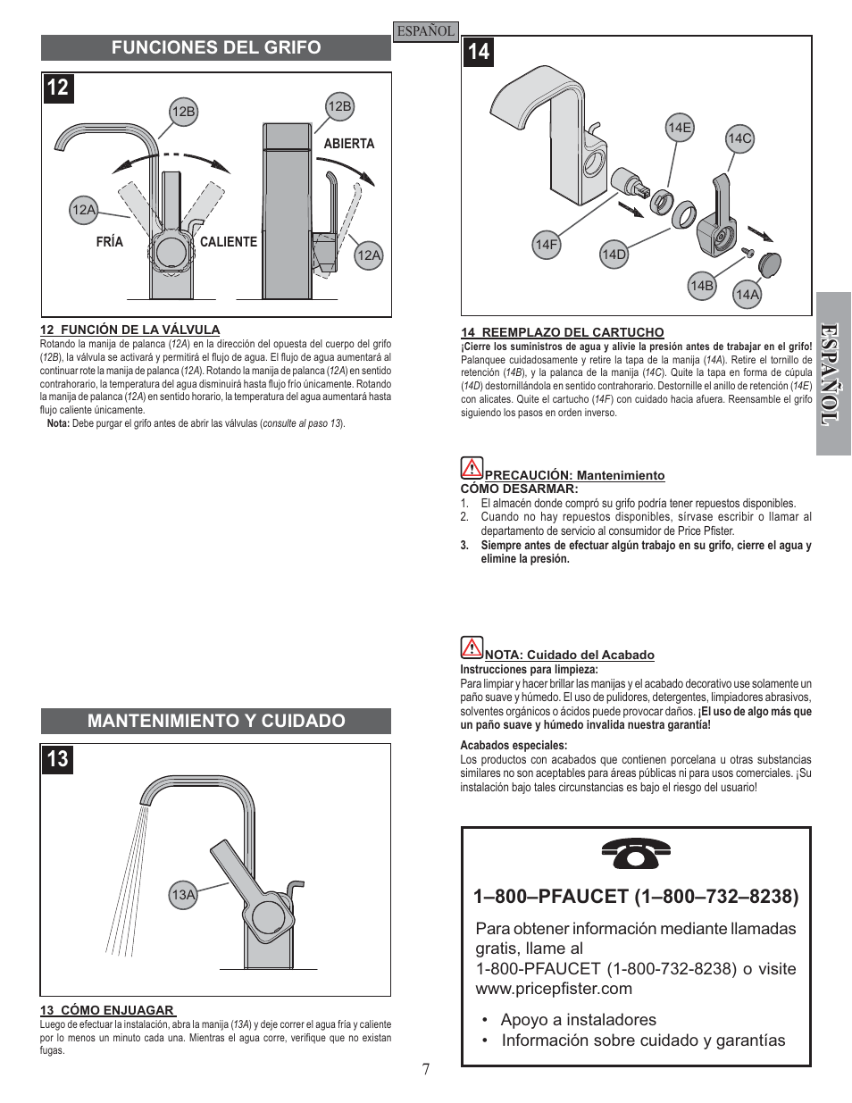 Esp a ñ ol, Funciones del grifo mantenimiento y cuidado | Pfister F-042-SYKK User Manual | Page 7 / 12