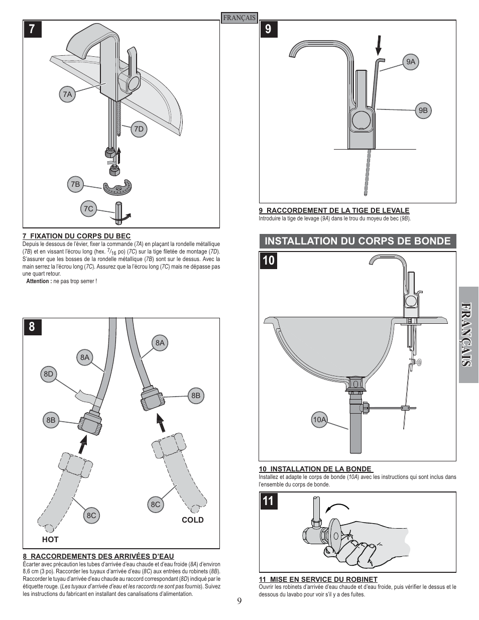 Fran ç ais, Installation du corps de bonde | Pfister F-042-SYKK User Manual | Page 9 / 12