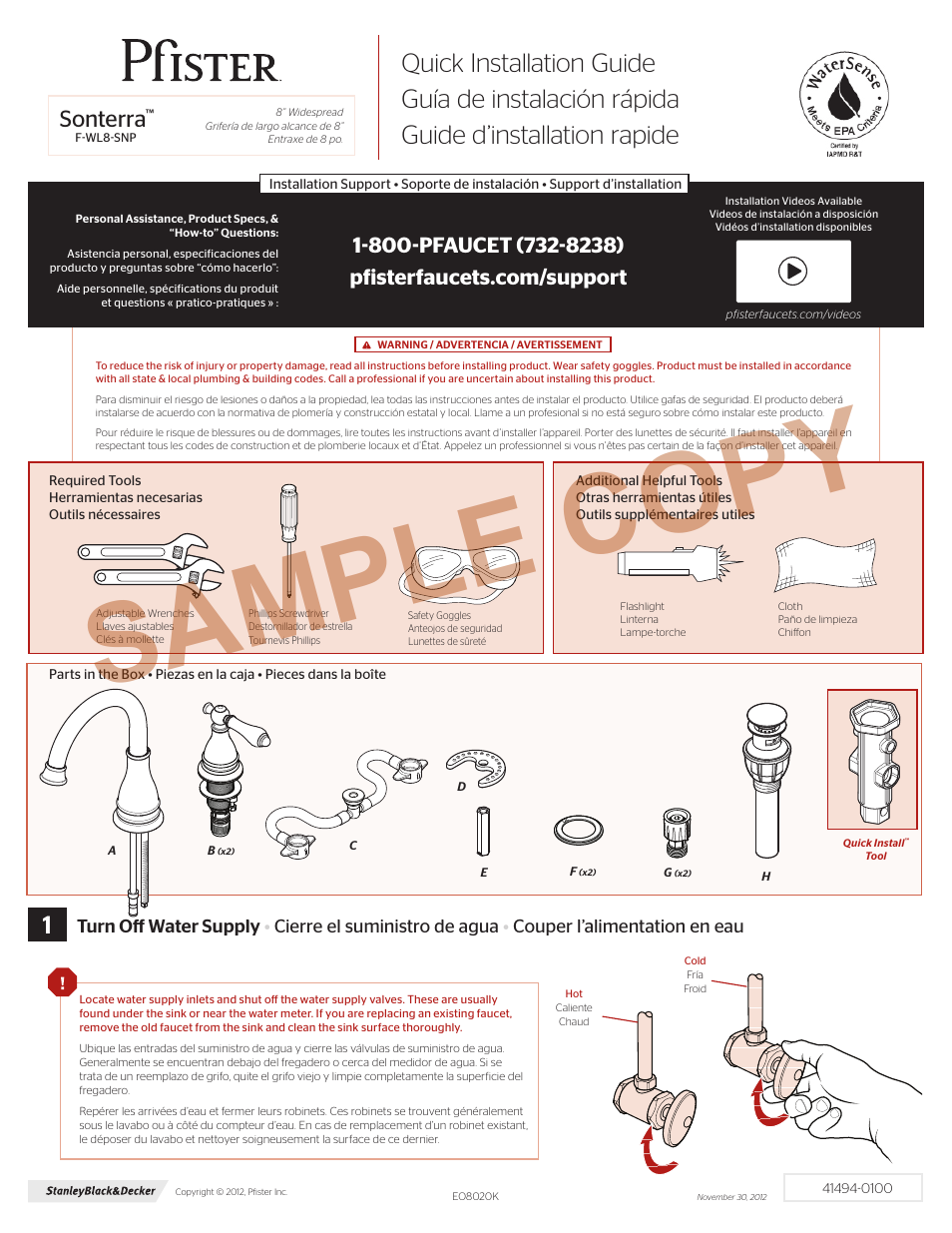 Pfister F-WL8-SNPC User Manual | 8 pages