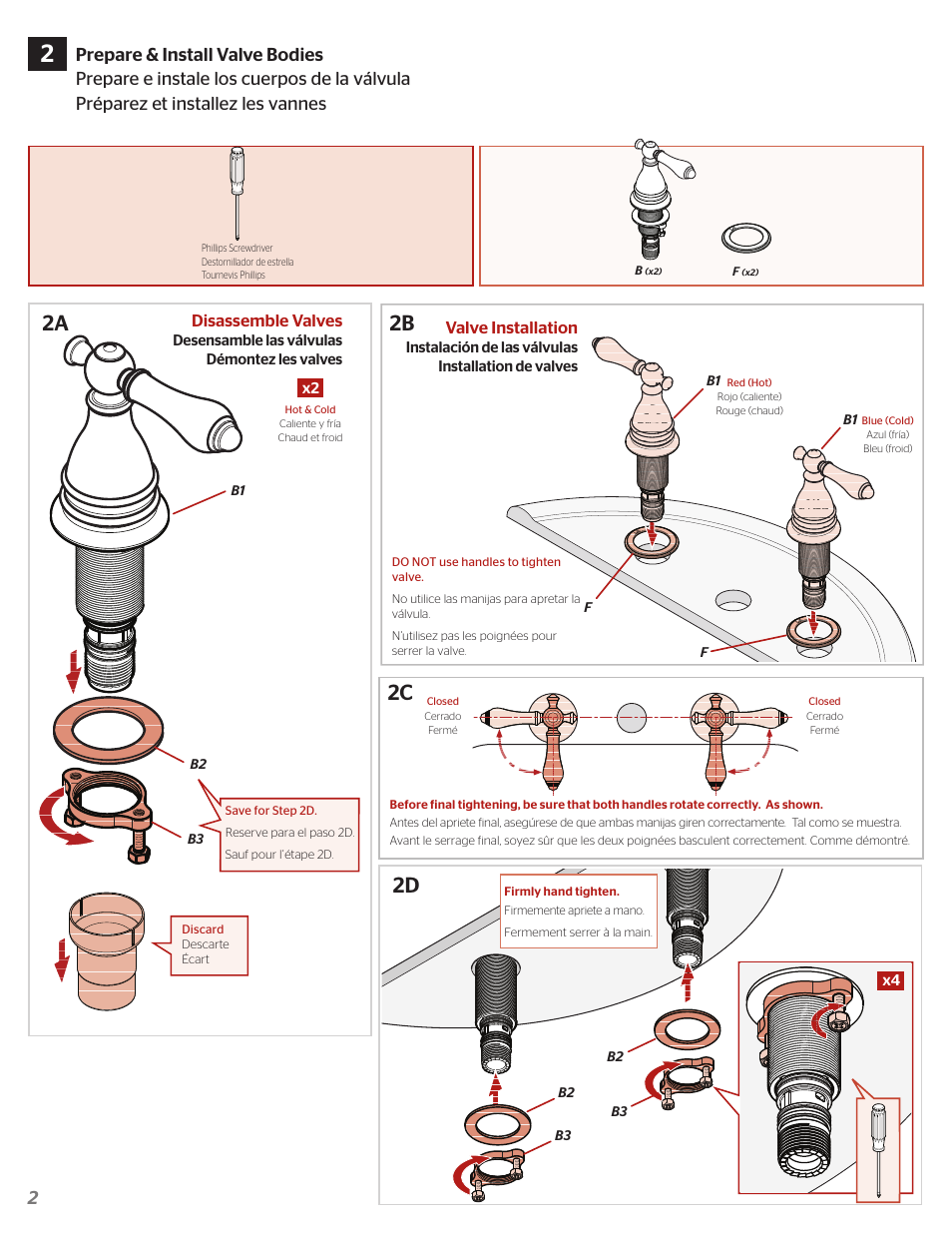 2c 2b 2d, Disassemble valves, Valve installation | Pfister F-WL8-SNPC User Manual | Page 2 / 8