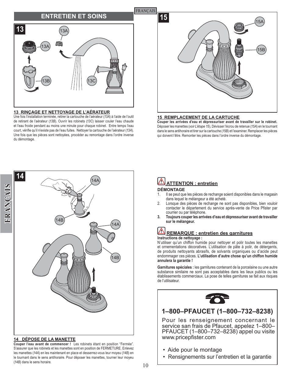 Fran ç ais, Entretien et soins | Pfister F-043-VTYY User Manual | Page 10 / 12