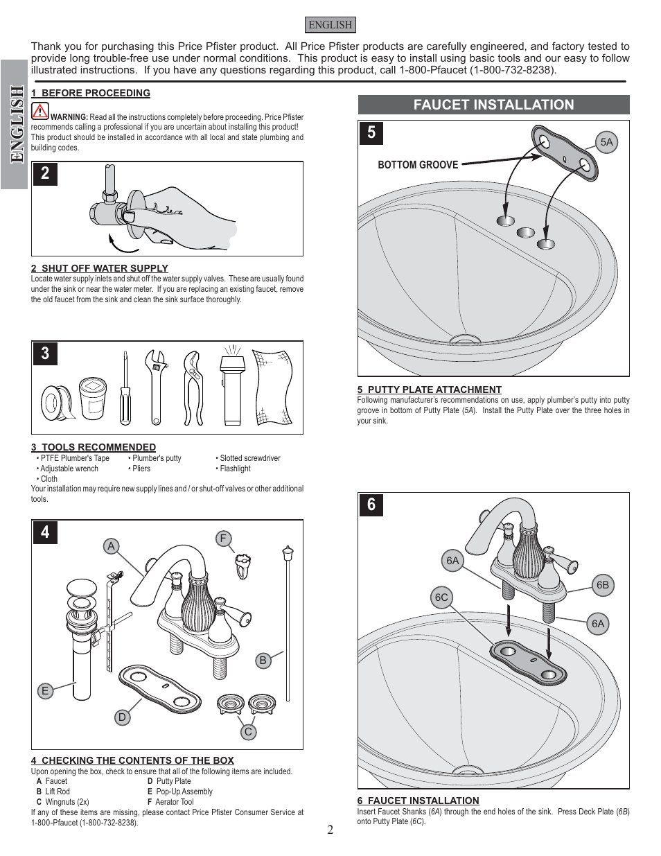 English, Faucet installation | Pfister F-043-VTYY User Manual | Page 2 / 12