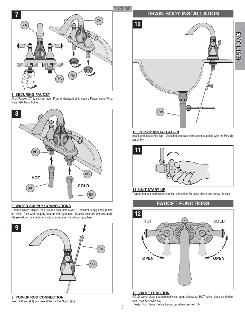 English, Drain body installation, Faucet functions | Pfister F-043-VTYY User Manual | Page 3 / 12
