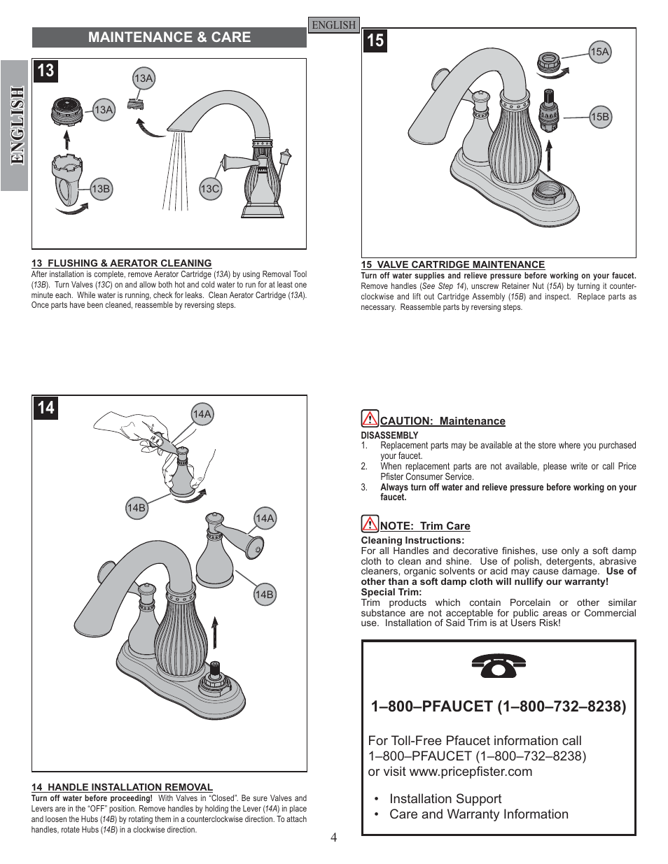 English, Maintenance & care | Pfister F-043-VTYY User Manual | Page 4 / 12