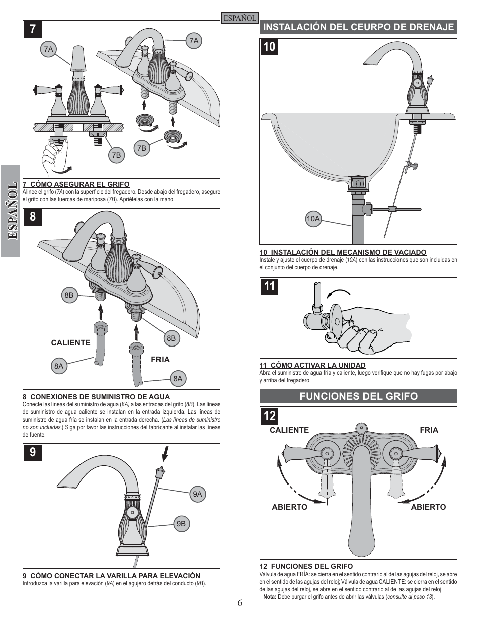 Esp a ñ ol, Funciones del grifo | Pfister F-043-VTYY User Manual | Page 6 / 12