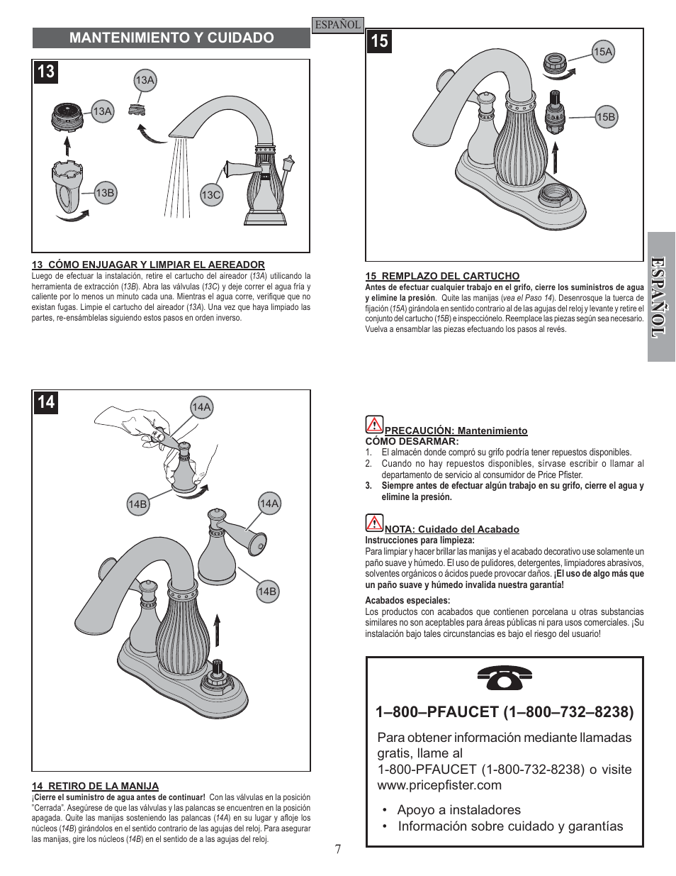 Esp a ñ ol, Mantenimiento y cuidado | Pfister F-043-VTYY User Manual | Page 7 / 12