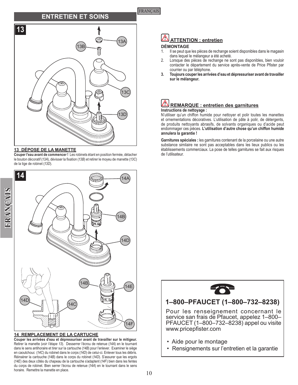 Fran ç ais, Entretien et soins | Pfister F-048-LHKK User Manual | Page 10 / 12