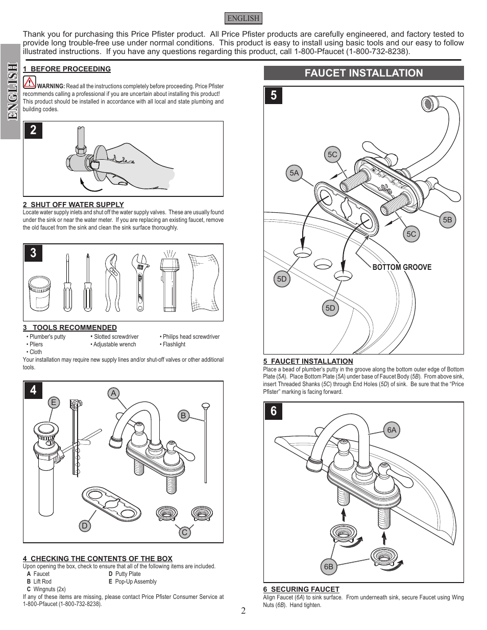 English, Faucet installation | Pfister F-048-LHKK User Manual | Page 2 / 12