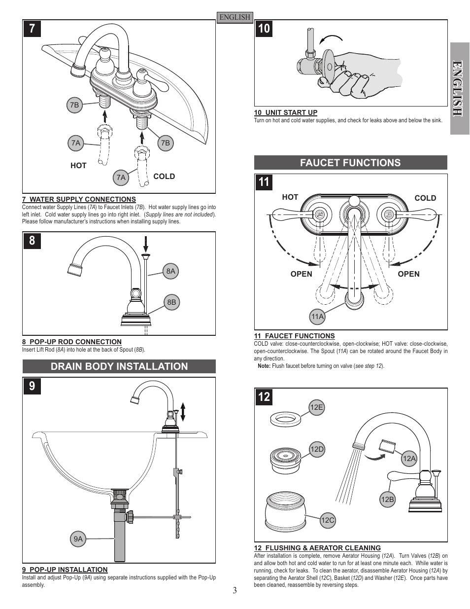 English, Drain body installation faucet functions | Pfister F-048-LHKK User Manual | Page 3 / 12