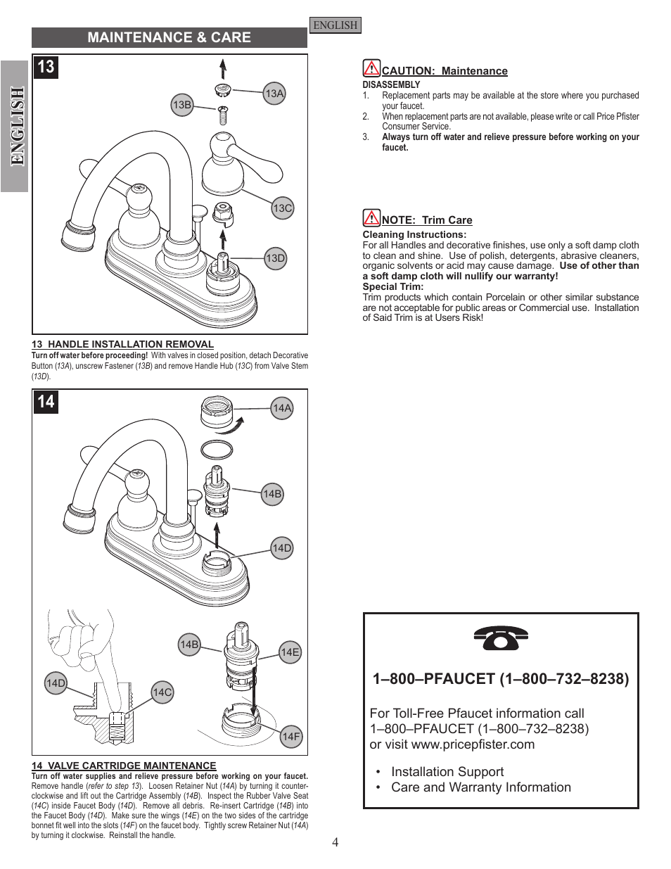 English, Maintenance & care | Pfister F-048-LHKK User Manual | Page 4 / 12