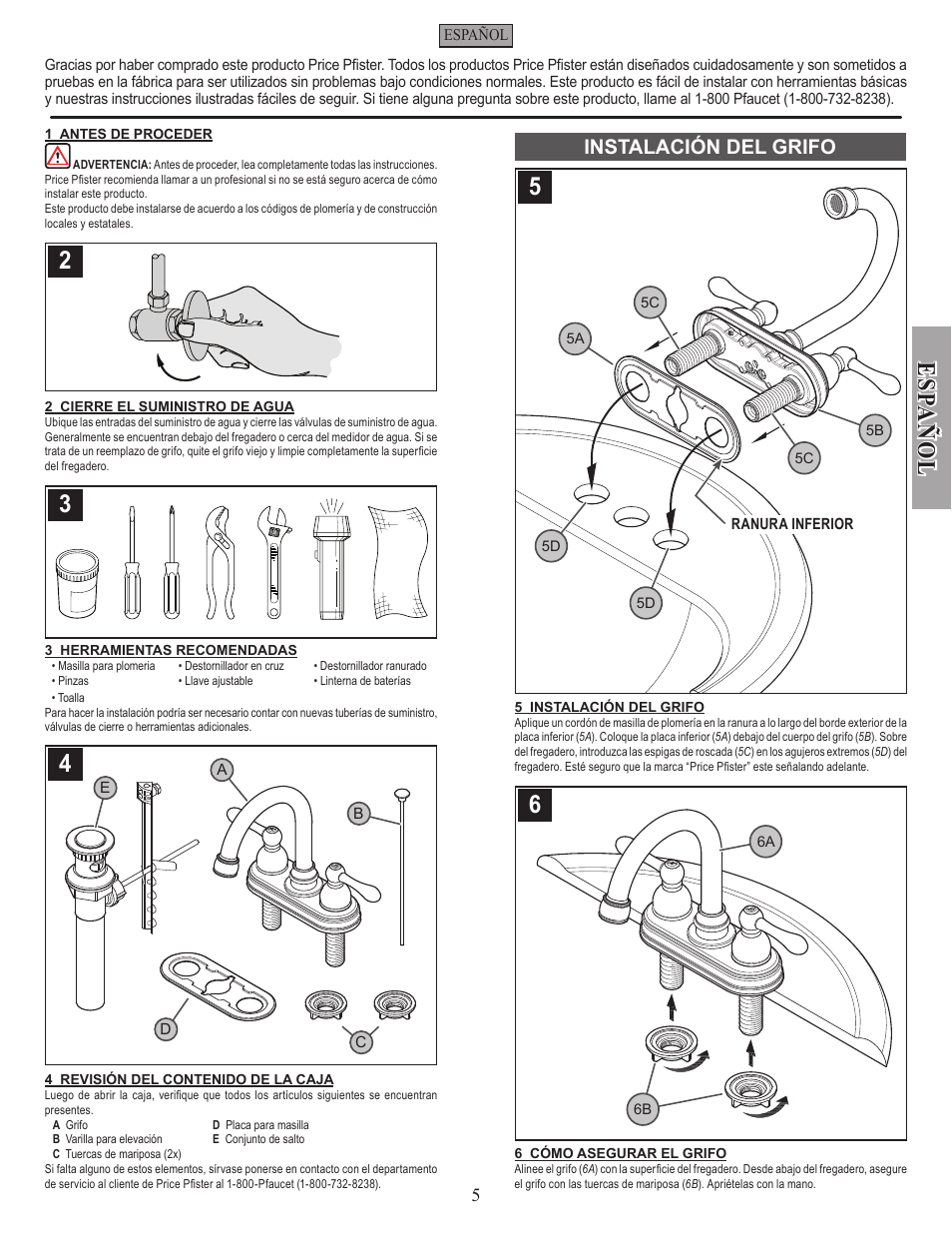 Esp a ñ ol, Instalación del grifo | Pfister F-048-LHKK User Manual | Page 5 / 12