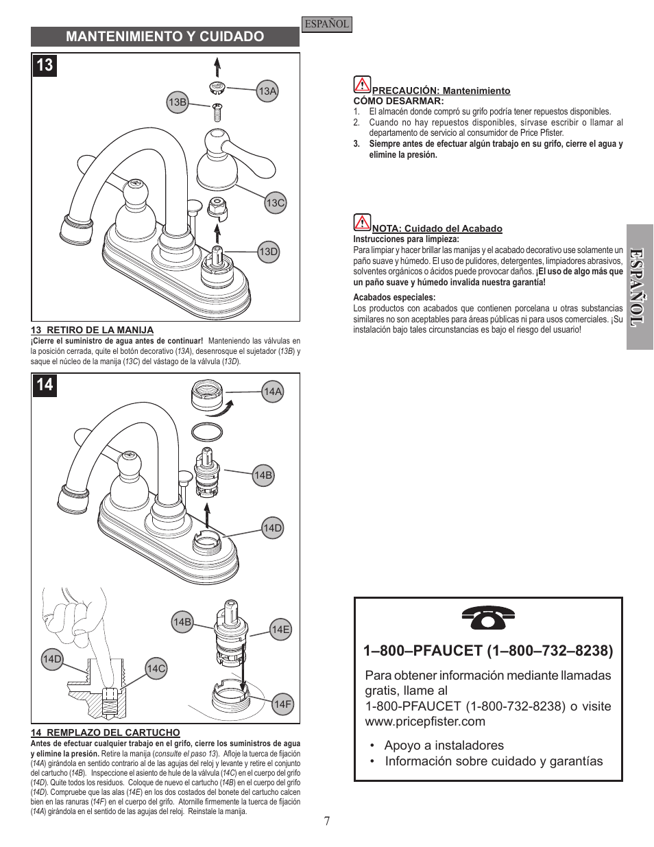 Esp a ñ ol, Mantenimiento y cuidado | Pfister F-048-LHKK User Manual | Page 7 / 12