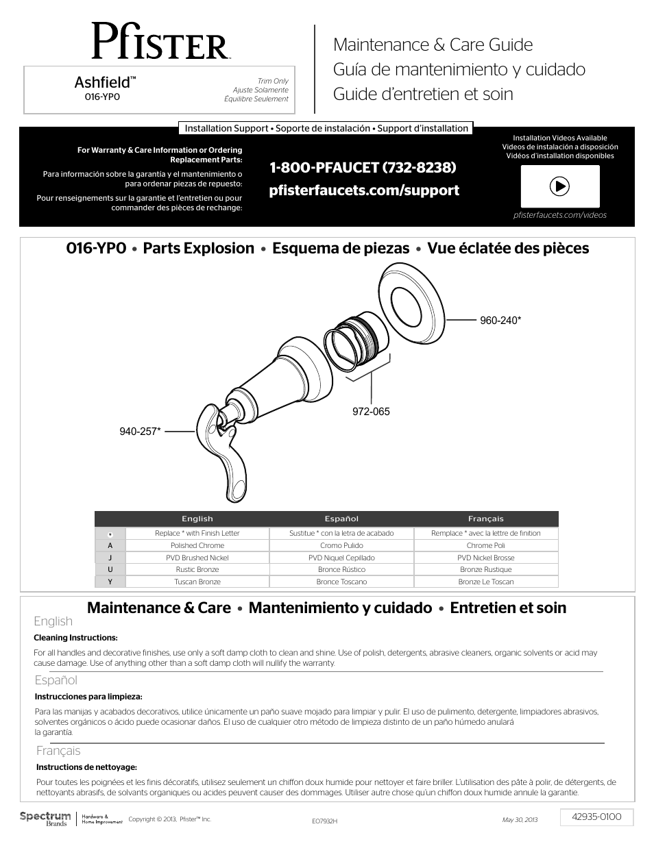 Pfister 016-YP0K User Manual | 2 pages