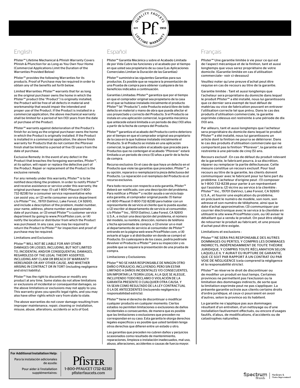English español français | Pfister 016-WE0K User Manual | Page 2 / 2