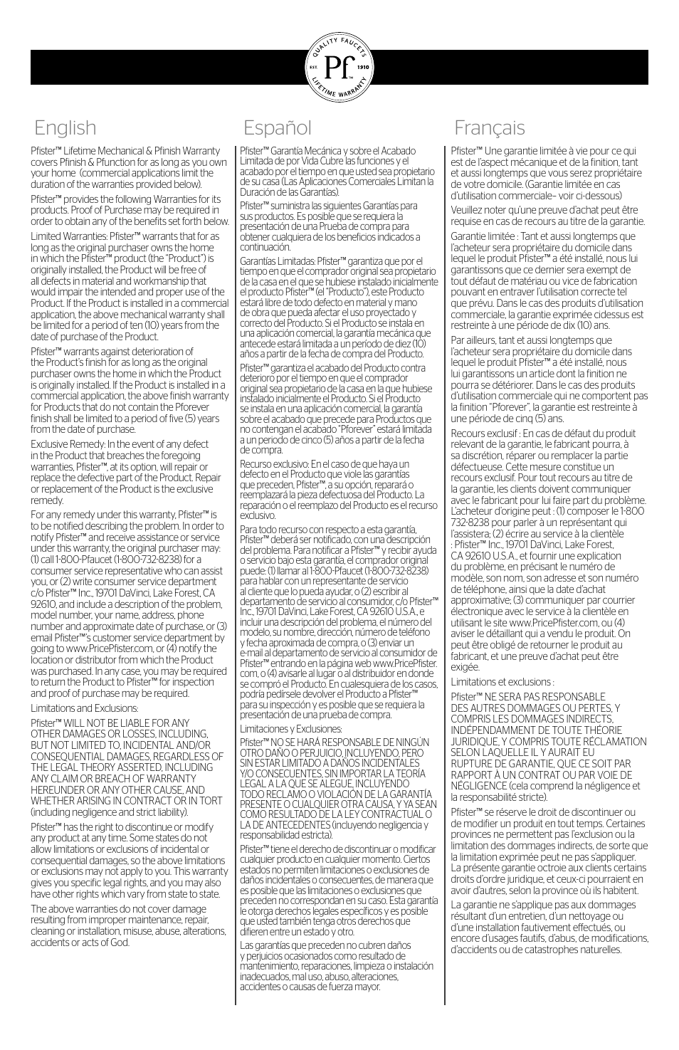 English español français | Pfister 016-17FK User Manual | Page 4 / 4