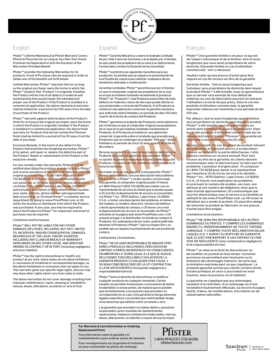 Preliminary, English español français | Pfister 016-TR1C User Manual | Page 2 / 2