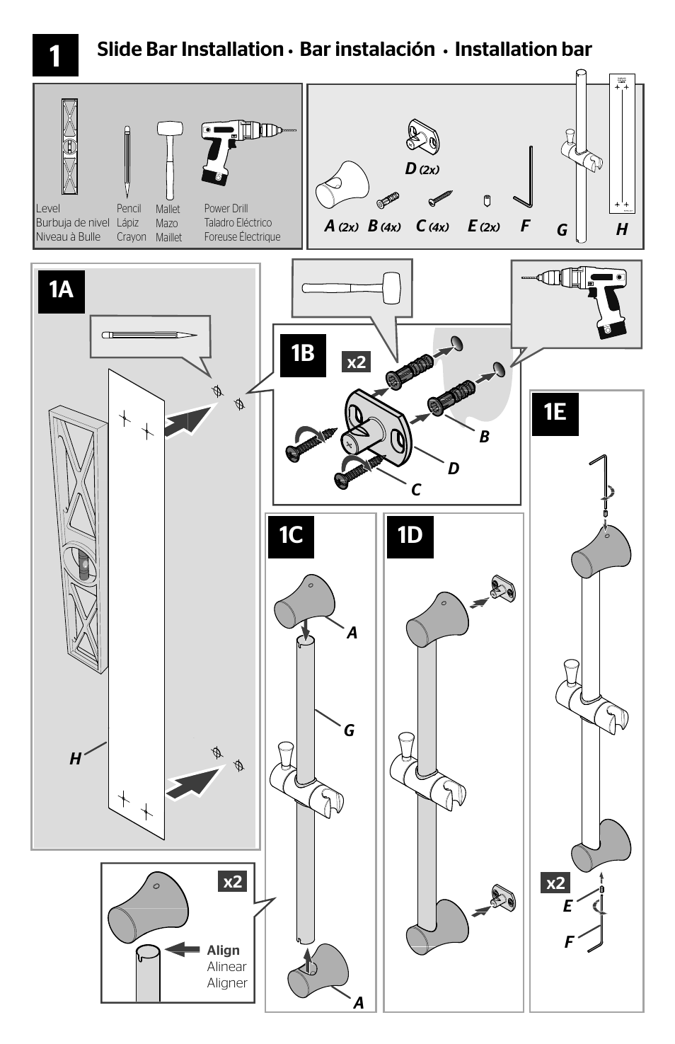 1a 1c, 1d 1b, Slide bar installation | Bar instalación, Installation bar | Pfister 016-16TK User Manual | Page 2 / 4