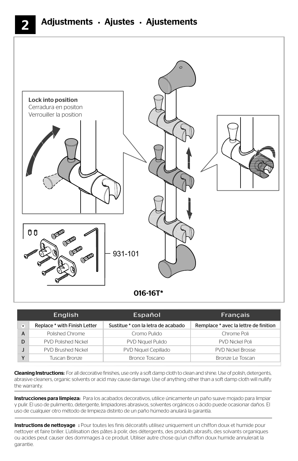 Adjustments, Ajustes, Ajustements | Pfister 016-16TK User Manual | Page 3 / 4