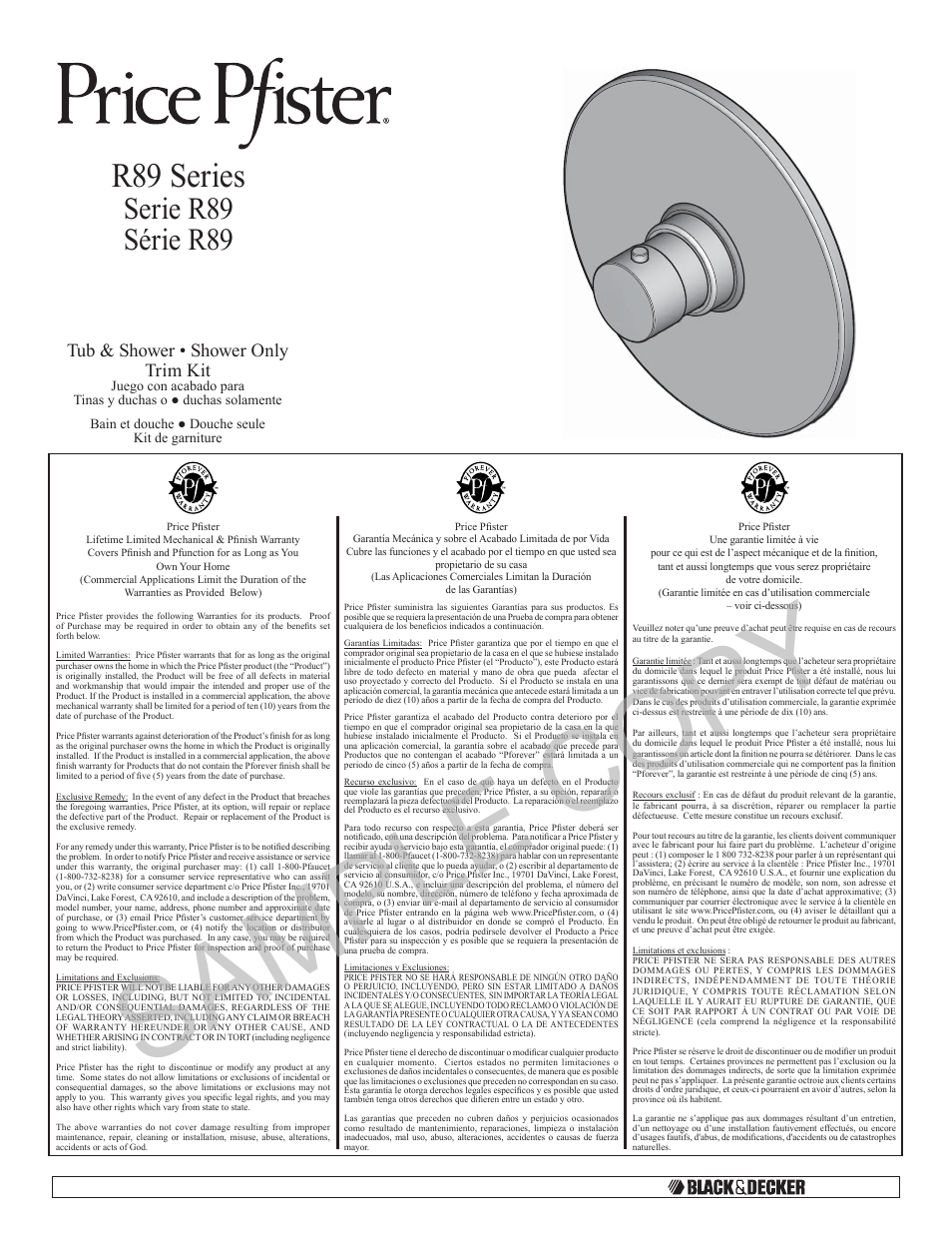 Pfister R89-9THK User Manual | 8 pages