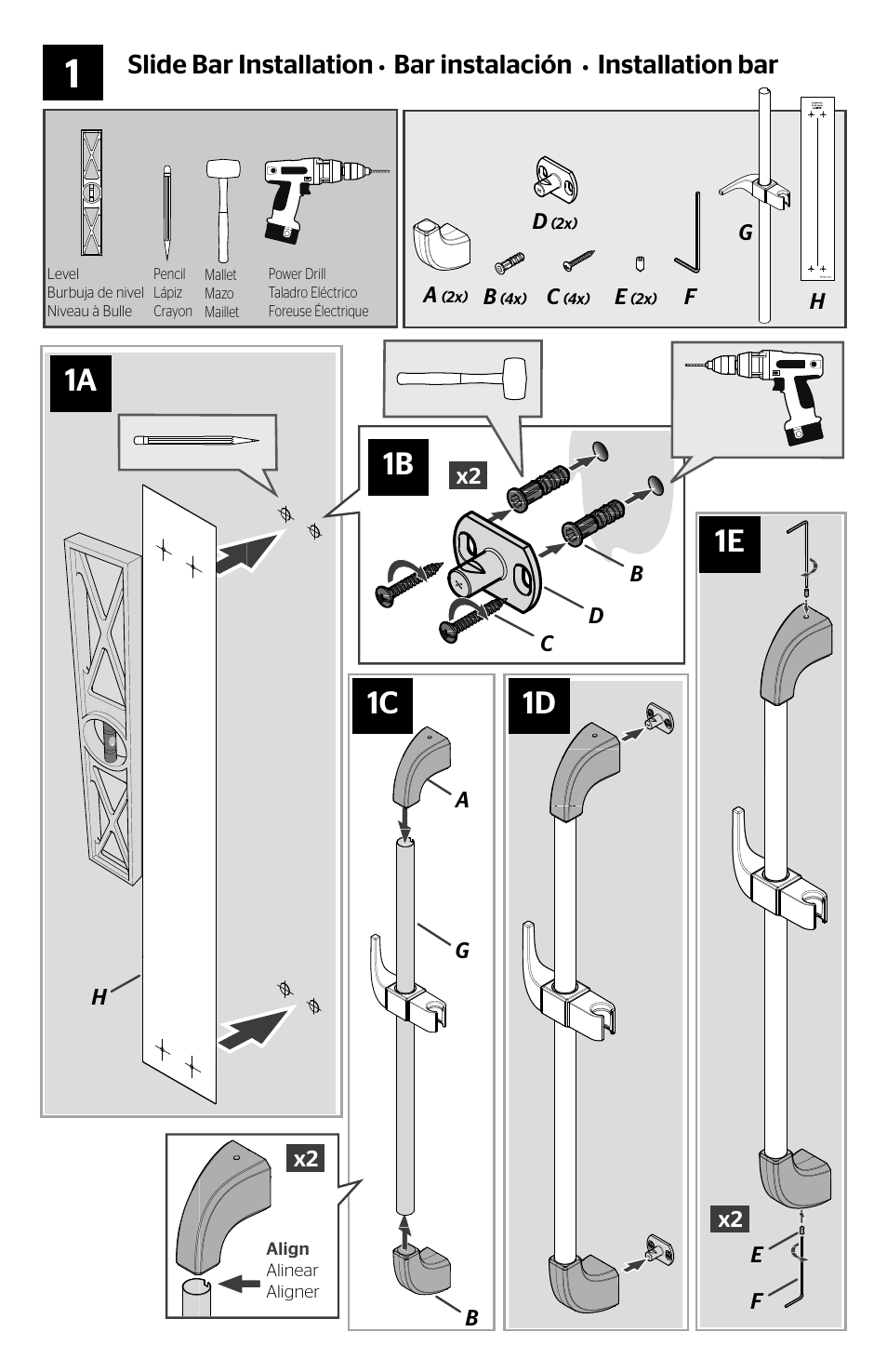 1a 1c, 1d 1b, Slide bar installation | Bar instalación, Installation bar | Pfister 016-16FK User Manual | Page 2 / 4