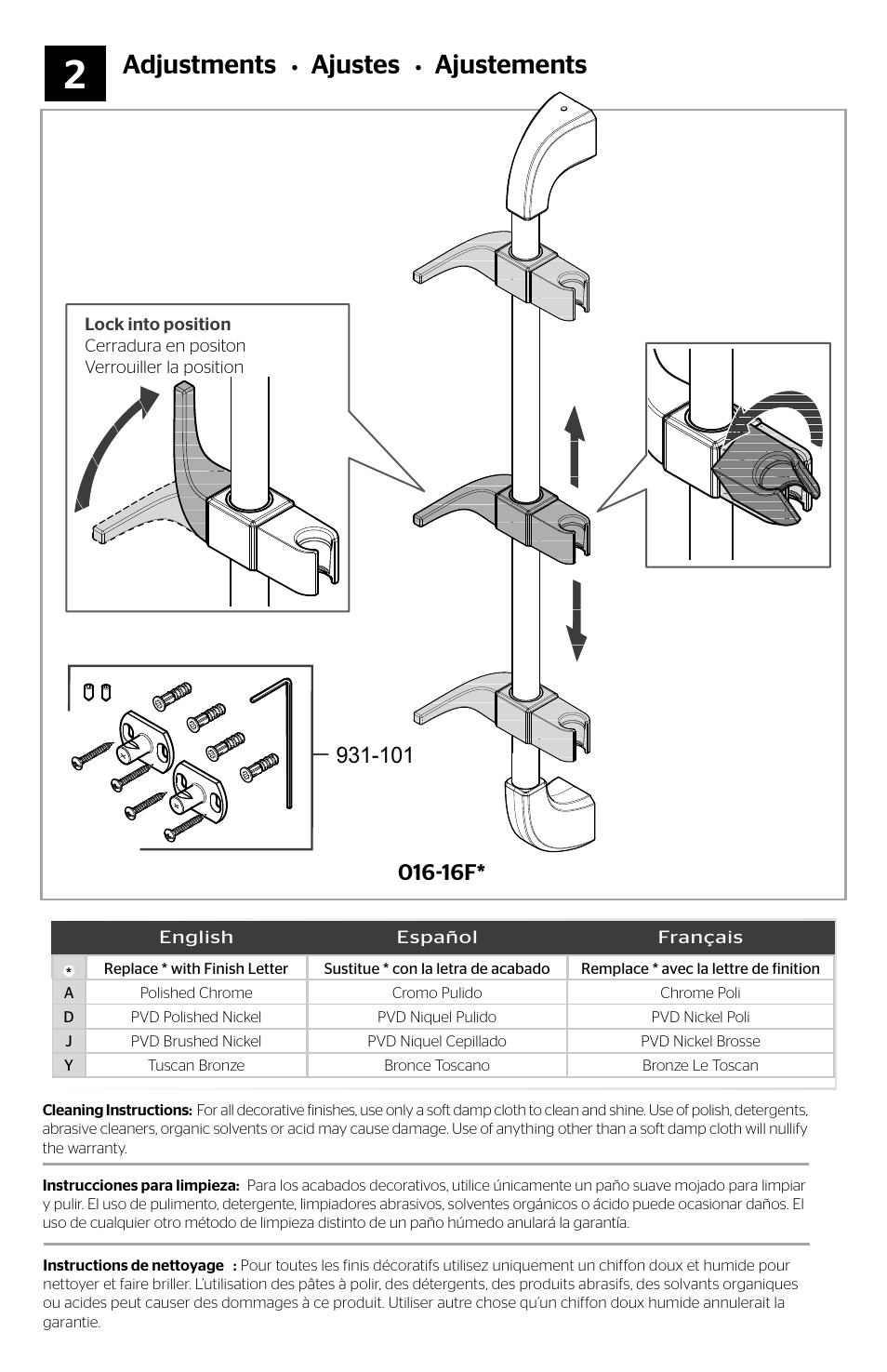 Adjustments, Ajustes, Ajustements | Pfister 016-16FK User Manual | Page 3 / 4