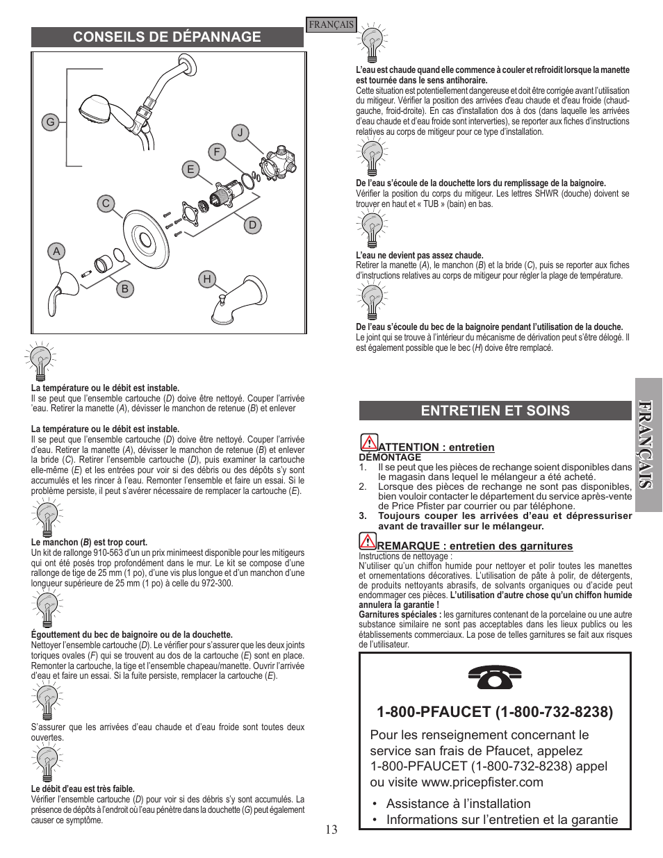Entretien et soins, Conseils de dépannage | Pfister 8P8-PHHK User Manual | Page 13 / 14