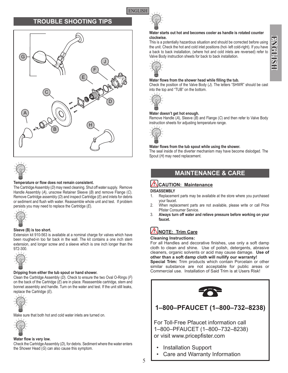 En g li sh, Maintenance & care trouble shooting tips | Pfister 8P8-PHHK User Manual | Page 5 / 14