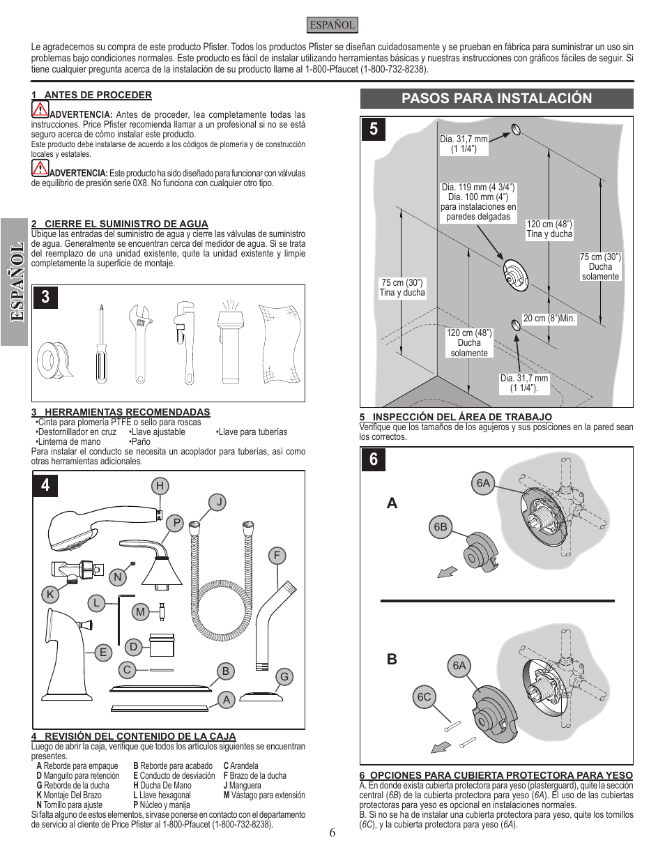 Es pa ñ o l, Pasos para instalación | Pfister 8P8-PHHK User Manual | Page 6 / 14