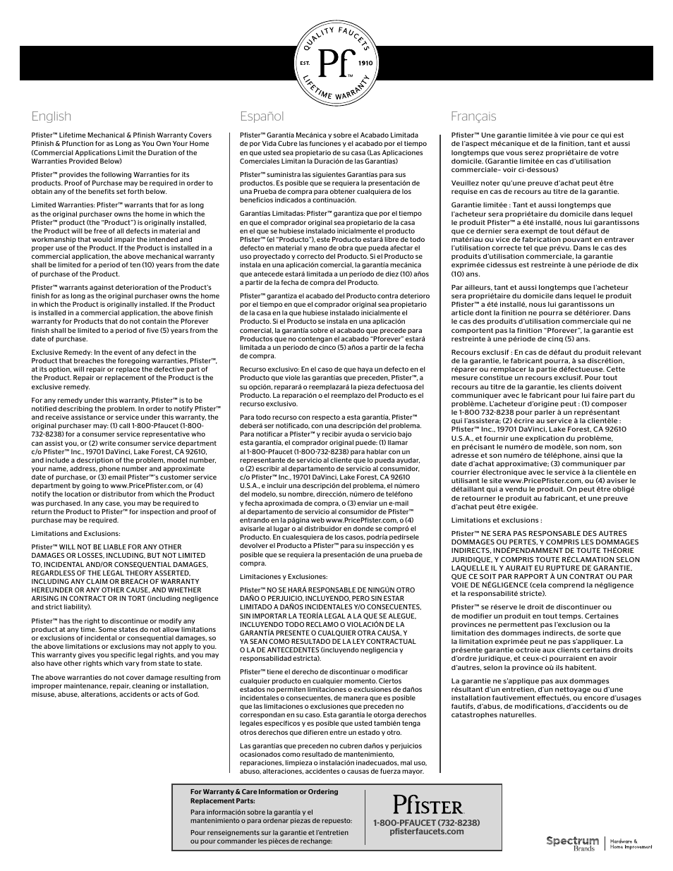 English español français | Pfister 016-GL0K User Manual | Page 2 / 2