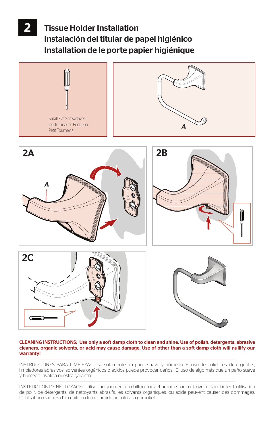 2c 2b 2a, Tissue holder installation | Pfister BPH-SL1K User Manual | Page 3 / 4