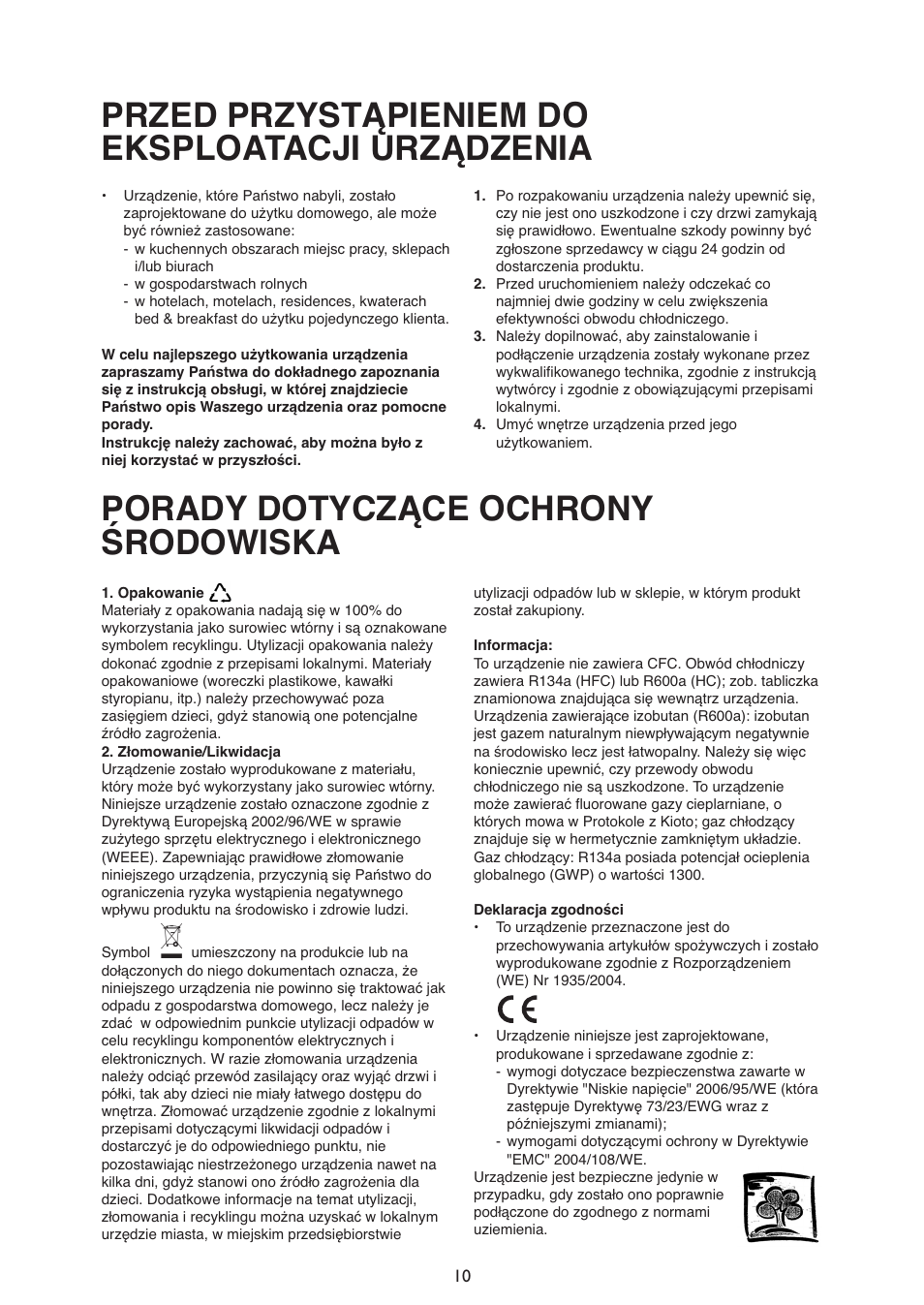 Przed przystąpieniem do eksploatacji urządzenia, Porady dotyczące ochrony środowiska | Whirlpool ARG340A+ User Manual | Page 10 / 60