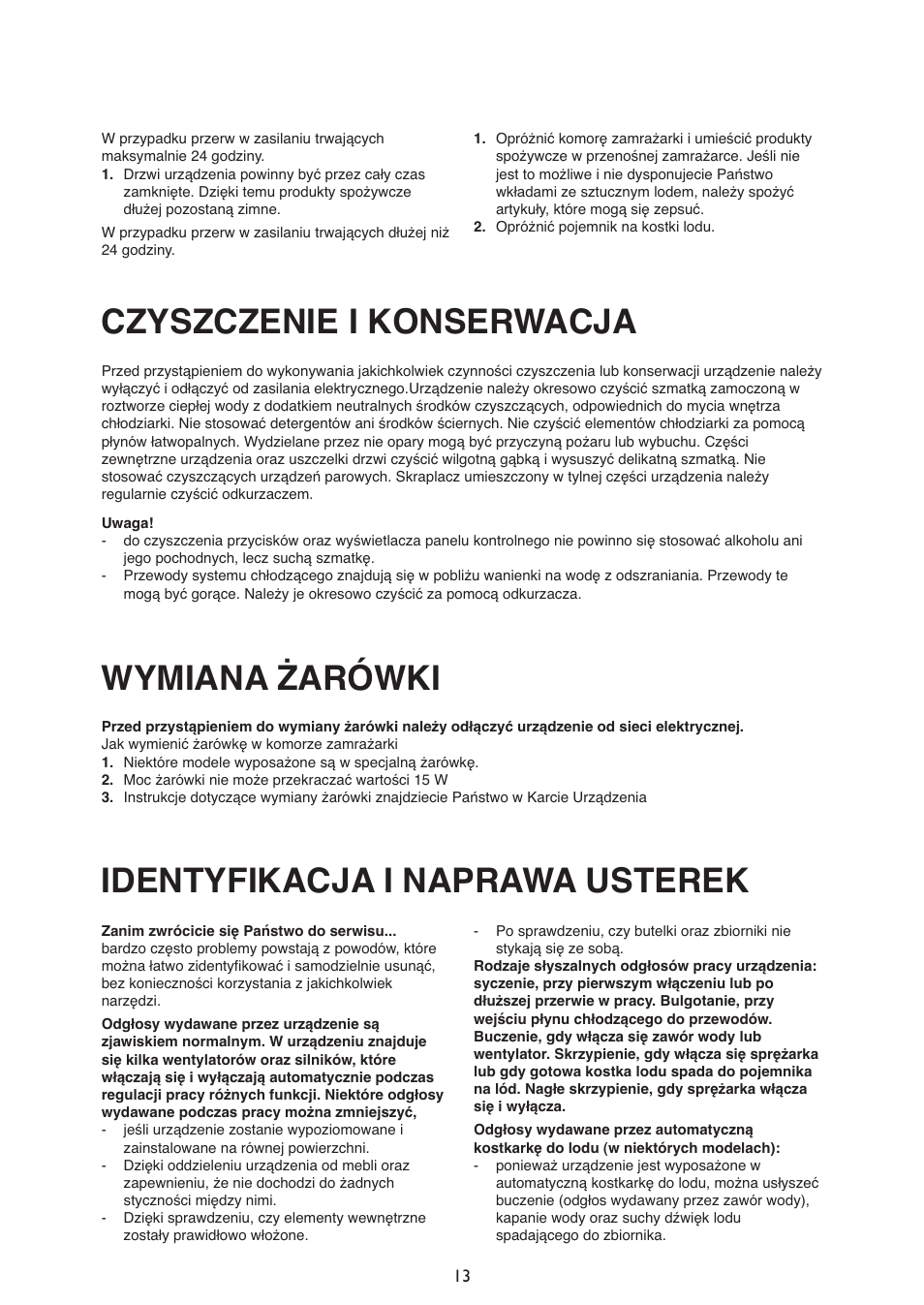 Czyszczenie i konserwacja, Wymiana żarówki, Identyfikacja i naprawa usterek | Whirlpool ARG340A+ User Manual | Page 13 / 60