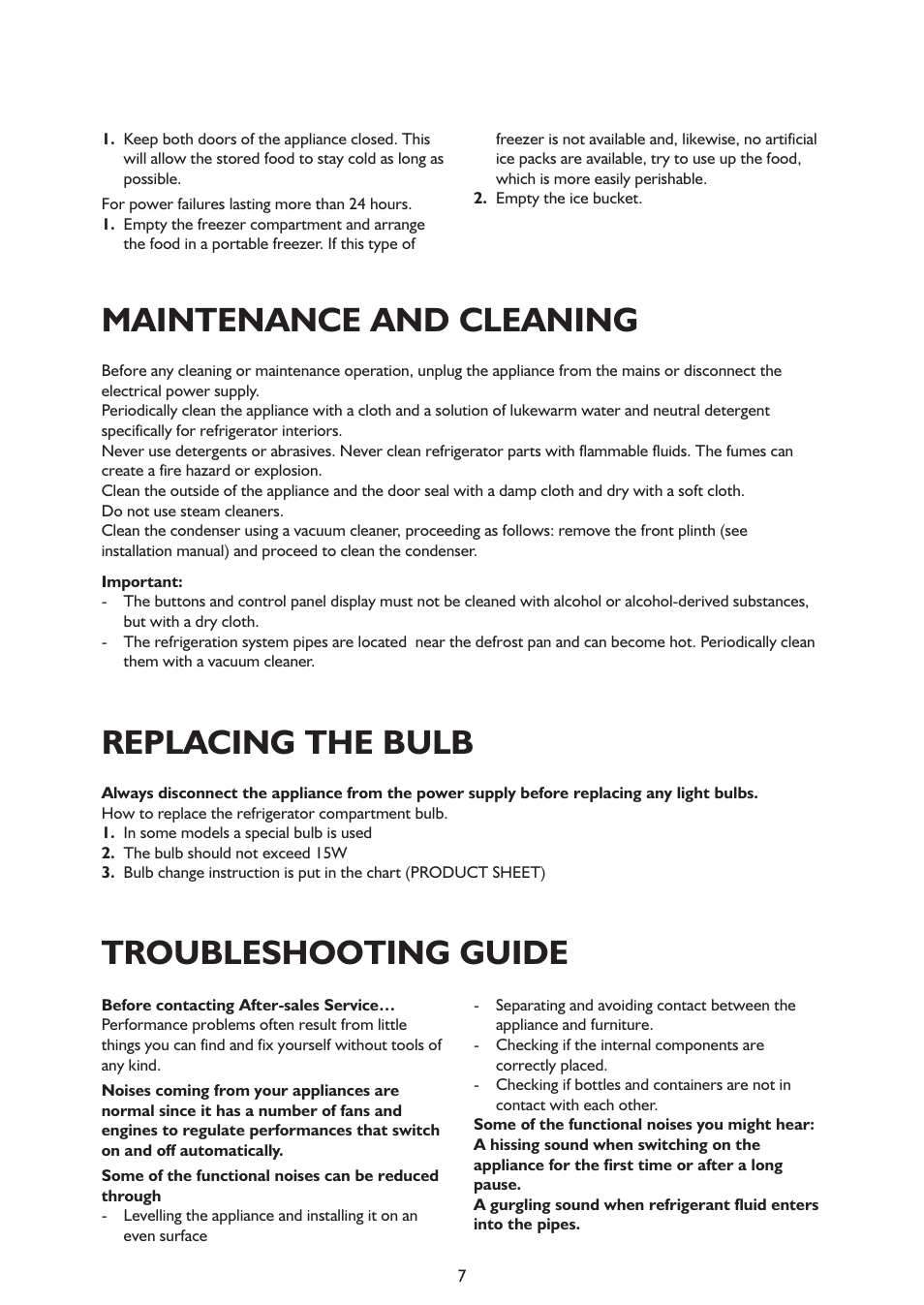 Maintenance and cleaning, Replacing the bulb, Troubleshooting guide | Whirlpool ARG340A+ User Manual | Page 7 / 60