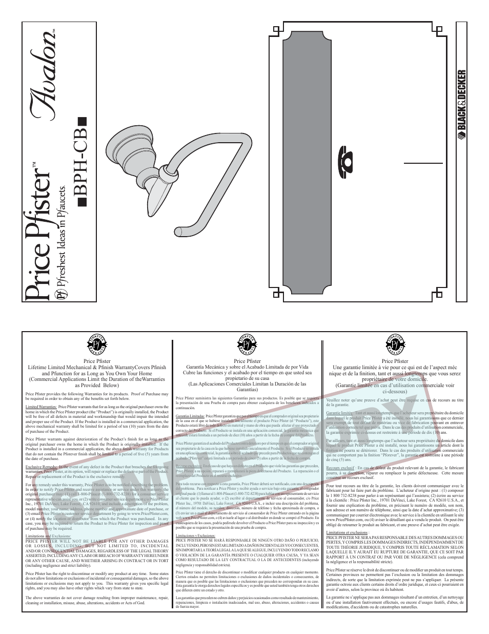 Pfister BPH-CB1Y User Manual | 2 pages