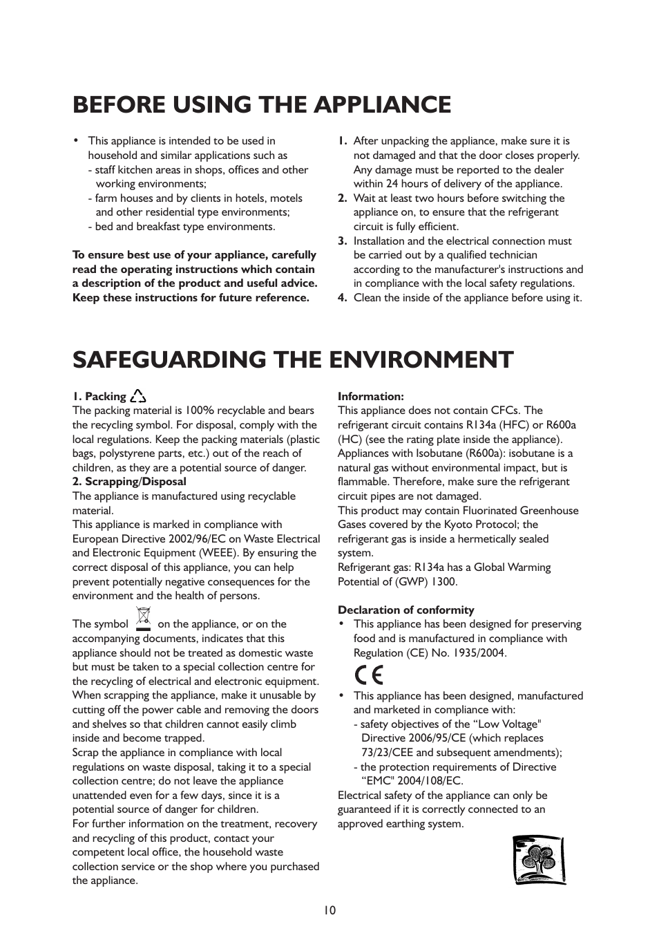Before using the appliance, Safeguarding the environment | Whirlpool ARG341A+ User Manual | Page 10 / 84