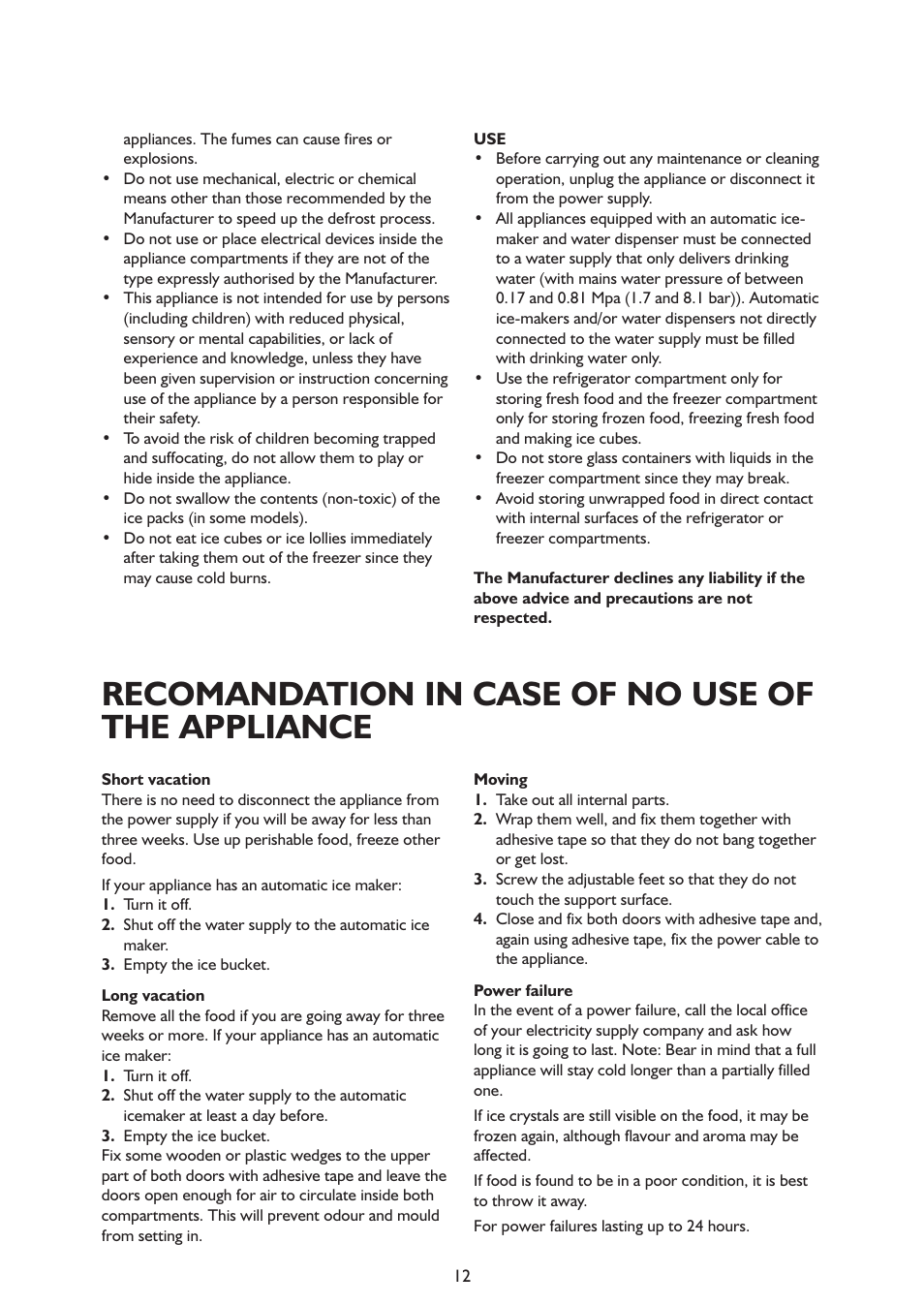 Recomandation in case of no use of the appliance | Whirlpool ARG341A+ User Manual | Page 12 / 84