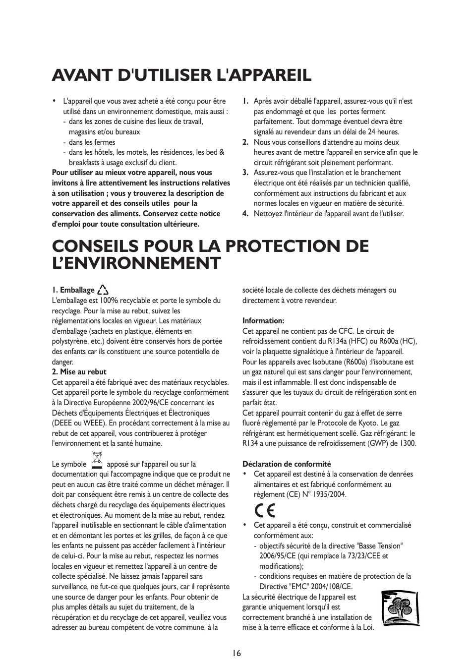 Avant d'utiliser l'appareil, Conseils pour la protection de l’environnement | Whirlpool ARG341A+ User Manual | Page 16 / 84