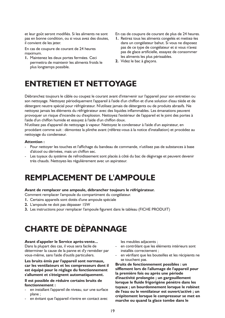 Entretien et nettoyage, Remplacement de l'ampoule, Charte de dèpannage | Whirlpool ARG341A+ User Manual | Page 19 / 84