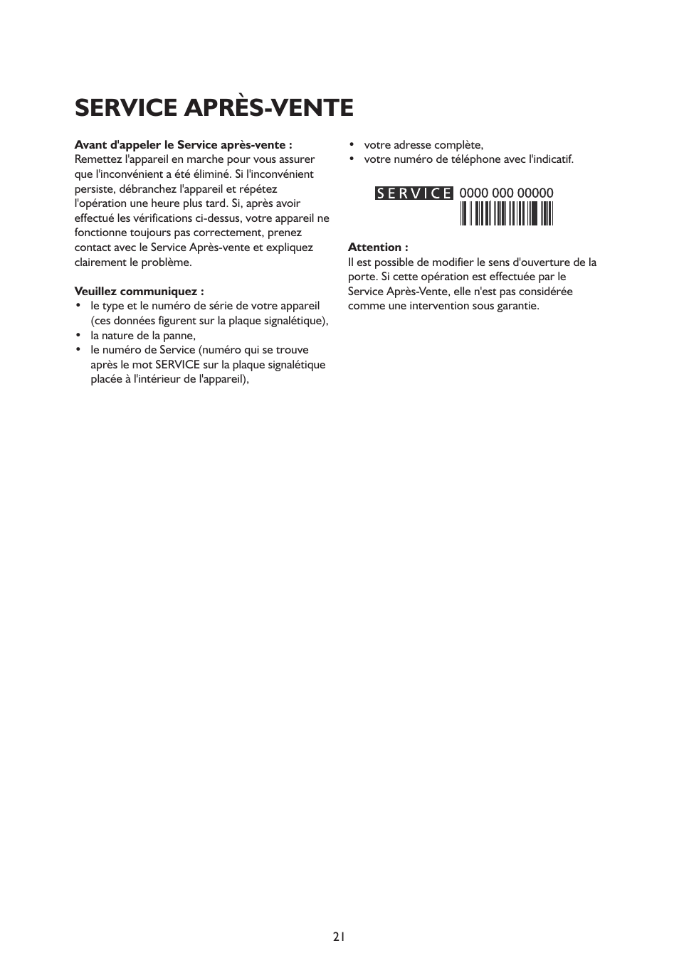 Service après-vente | Whirlpool ARG341A+ User Manual | Page 21 / 84